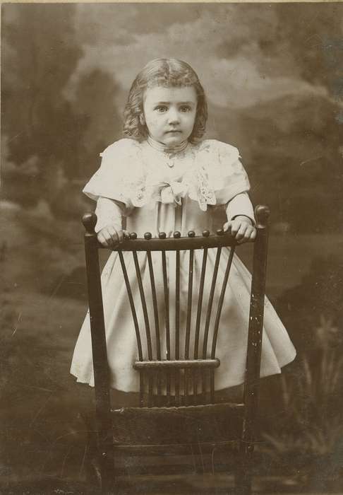 Neymeyer, Robert, Parkersburg, IA, girl, Portraits - Individual, pose, chair, backdrop, Iowa History, Iowa, lace, dress, history of Iowa, Children