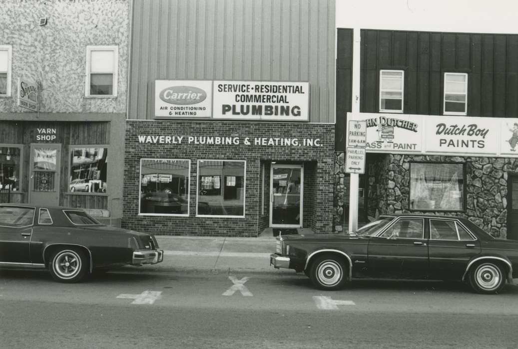 cars, storefront, paint store, Businesses and Factories, Waverly Public Library, Iowa History, street, Iowa, history of Iowa