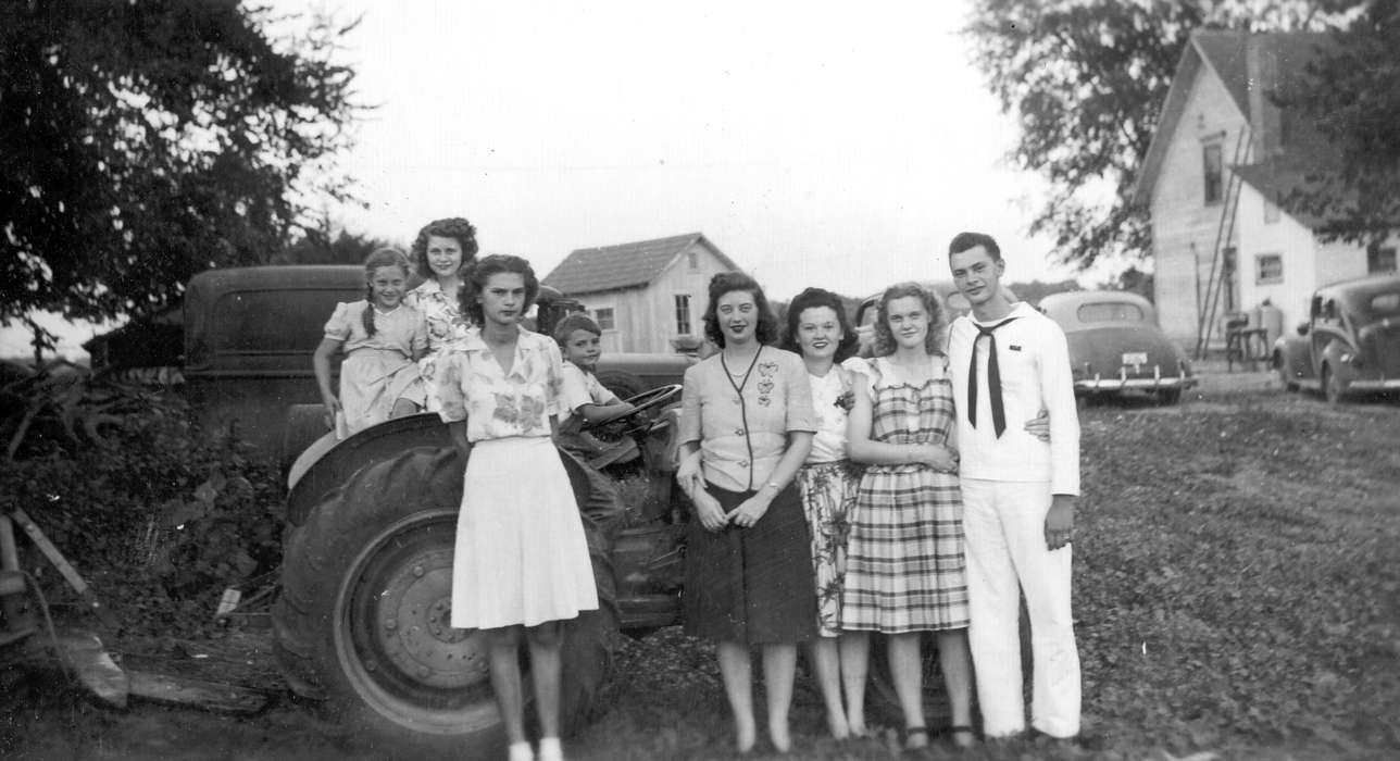 Farms, tractor, Iowa History, Military and Veterans, history of Iowa, uniform, wwii, Marshall County, IA, Portraits - Group, world war ii, Flathers, Claudia, navy, Iowa