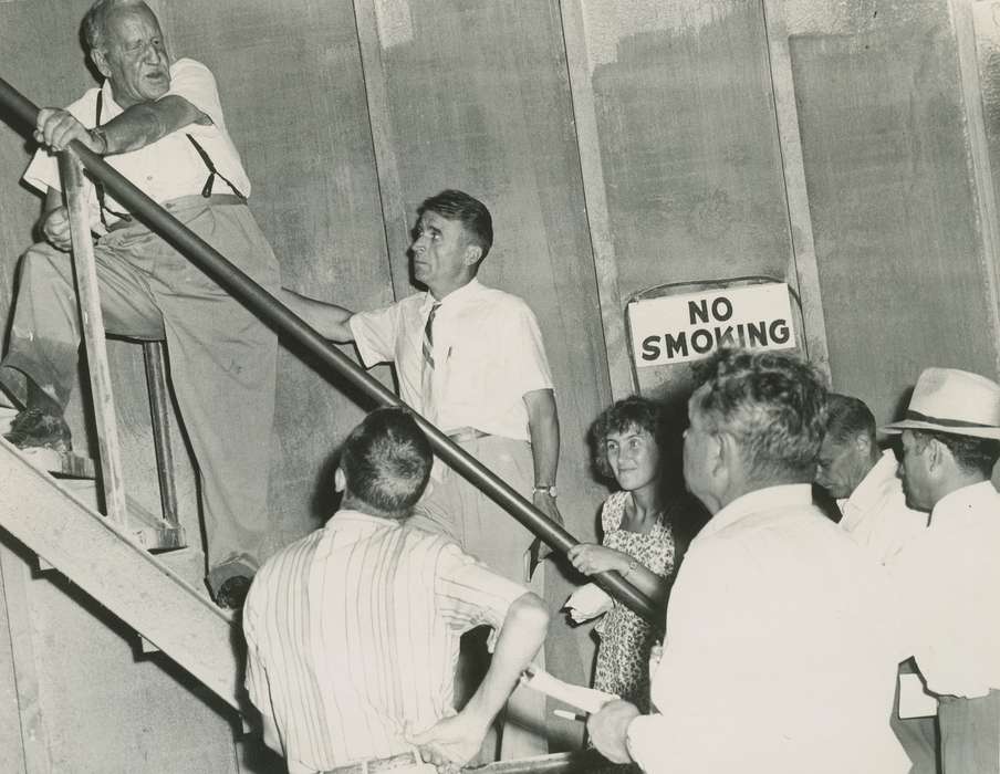 no smoking sign, Nixon, Charles, staircase, Iowa History, history of Iowa, correct date needed, Businesses and Factories, hat, Labor and Occupations, Coon Rapids, IA, Iowa
