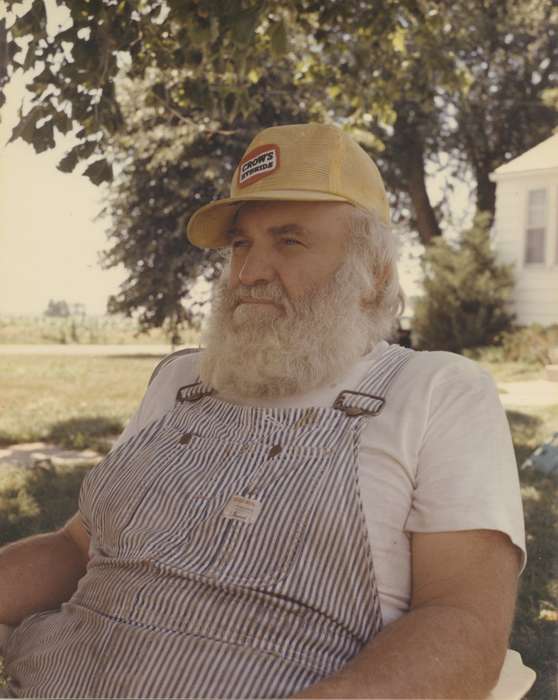 overalls, Zieser, Stan, Delta, IA, hat, Portraits - Individual, Iowa, Iowa History, beard, farmer, history of Iowa