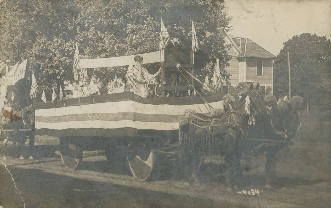 Iowa, Waverly Public Library, horse, american flag, Bremer County, IA, Animals, Holidays, wagon, Iowa History, history of Iowa, Fairs and Festivals, Cities and Towns, Children, flag