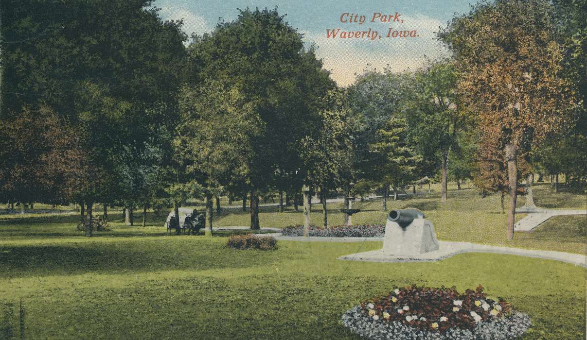 Landscapes, postcard, city park, correct date needed, Waverly Public Library, Iowa History, Waverly, IA, Iowa, landscape, history of Iowa