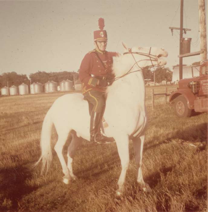 horse, Fairs and Festivals, white horse patrol, Iowa History, Mary, Buell, uniform, Animals, Iowa, costume, history of Iowa, IA