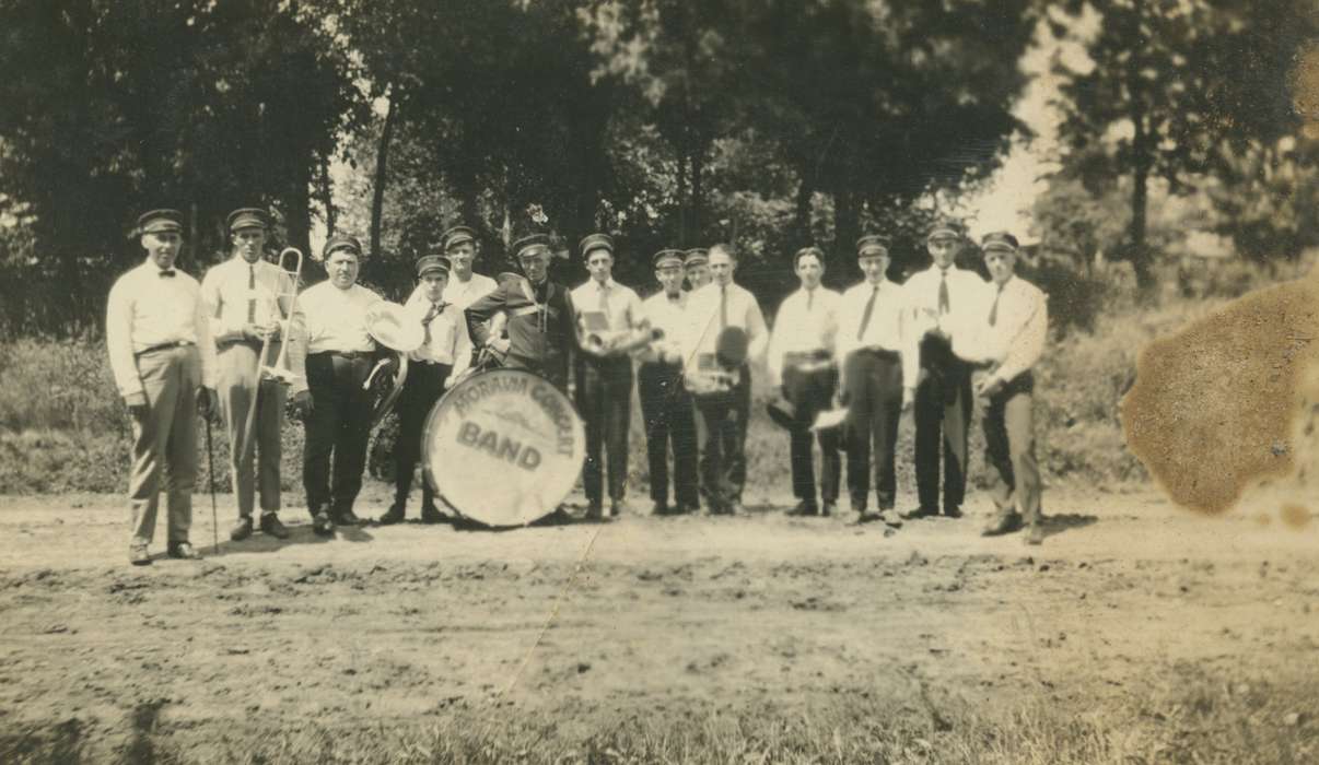 Iowa, musicians, drum, trombone, Portraits - Group, IA, Entertainment, Iowa History, band, history of Iowa, Martin, Carol, uniform