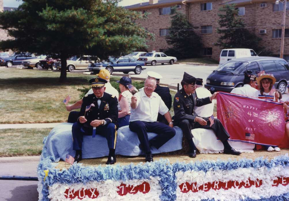american legion, fourth of july, Johnson County Historical Society, Motorized Vehicles, banner, Fairs and Festivals, uniforms, Military and Veterans, Holidays, american flags, parade float, parking lot, hats