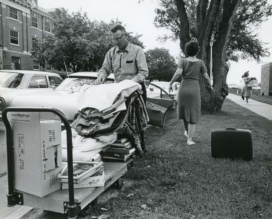university of northern iowa, UNI Special Collections & University Archives, uni, Schools and Education, moving in, Iowa History, Cedar Falls, IA, clothes, car, bolo tie, iowa state teachers college, students, dorm, Iowa, history of Iowa