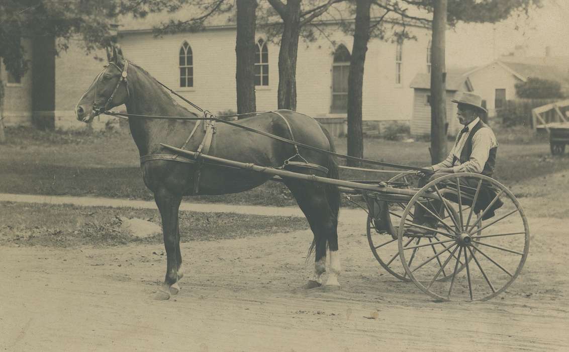 horse, man, Portraits - Individual, history of Iowa, Waverly Public Library, Iowa History, horse and cart, correct date needed, unknown context, Iowa
