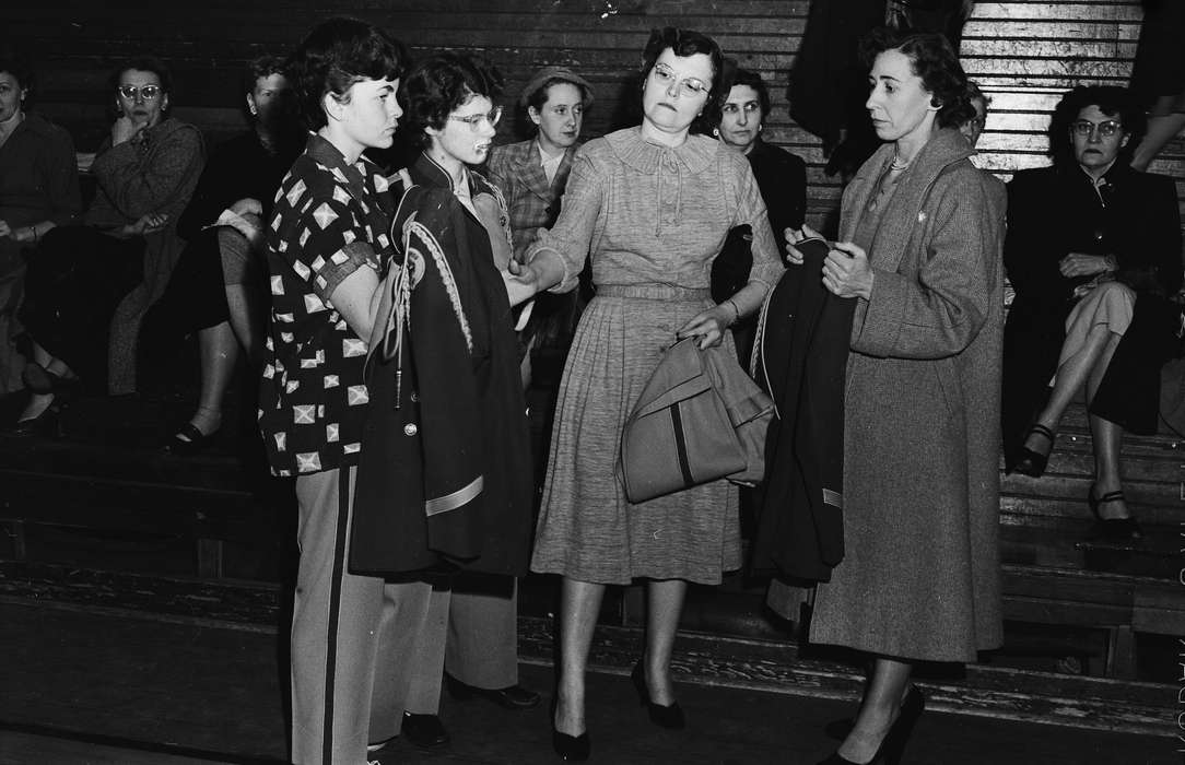 Schools and Education, Families, United States, history, bleachers, ia, Photos, mother, band uniform, Coon Rapids Enterprise, historic, Iowa, four women, IA, gymnasium, women’s experiences, Coon Rapids