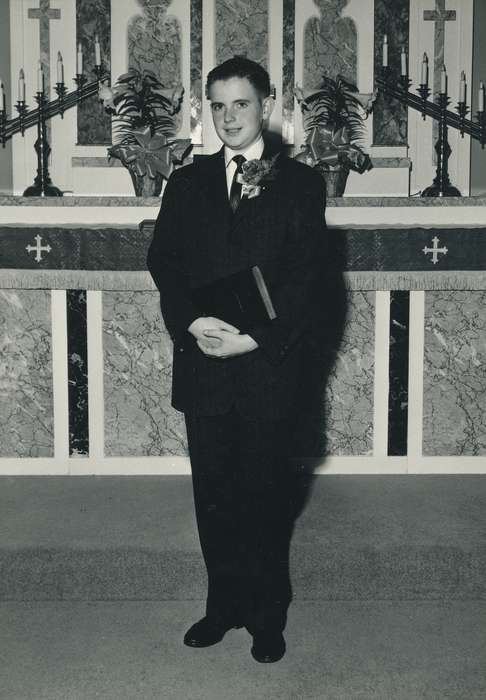 suit, bible, cross, Religion, history, historic, Portraits - Individual, candle, Iowa, Coon Rapids Enterprise, plant, Children, ia, Religious Structures, altar, Photos, christianity