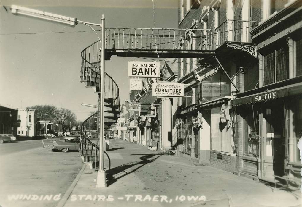 Cities and Towns, stairs, Businesses and Factories, clock, Traer, IA, bank, Iowa History, Iowa, Palczewski, Catherine, history of Iowa, Main Streets & Town Squares
