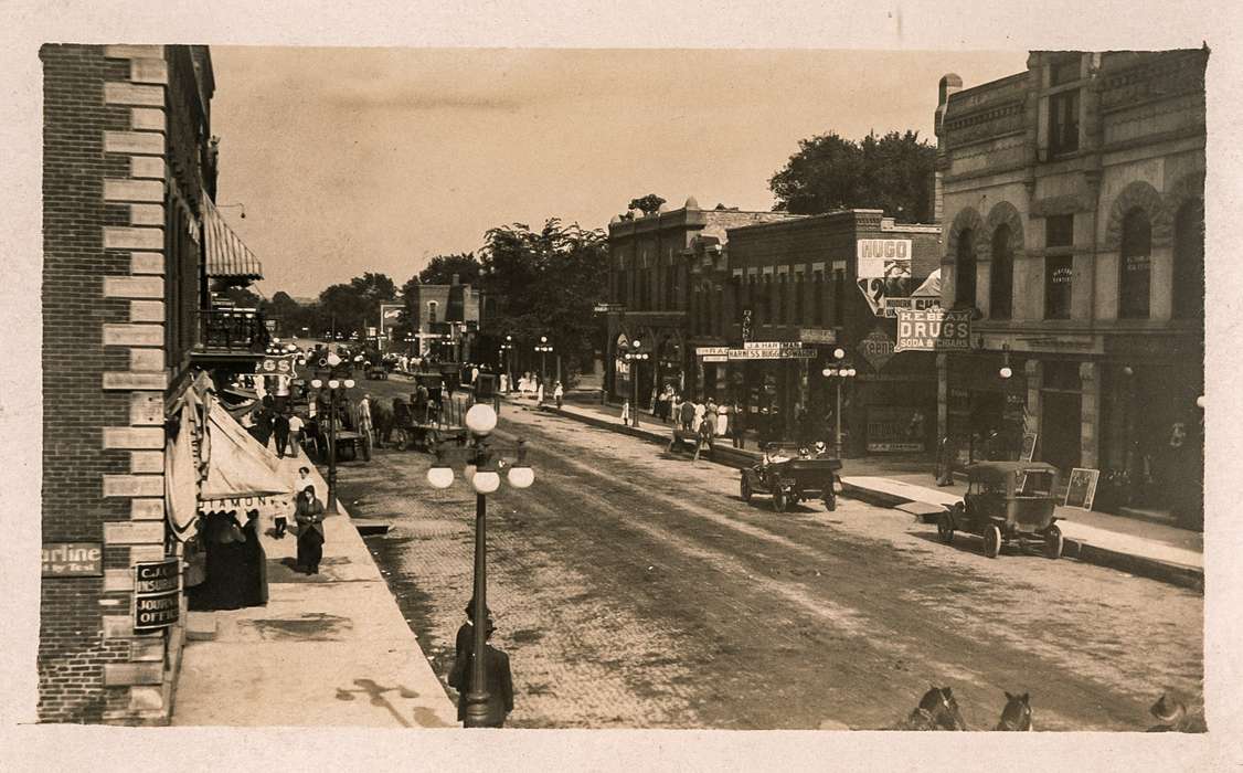 Main Streets & Town Squares, history of Iowa, Cities and Towns, car, Iowa History, Anamosa, IA, Iowa, drug store, Motorized Vehicles, Businesses and Factories, Anamosa Library & Learning Center