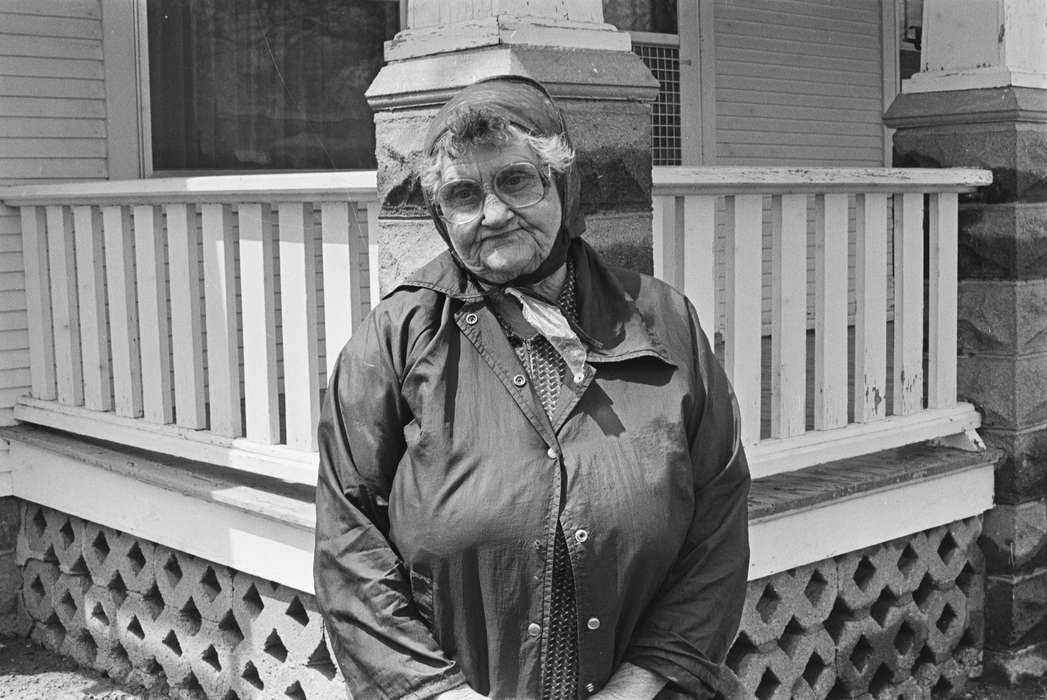 railing, Coon Rapids Enterprise, Coon Rapids, Iowa, historic, Photos, jacket, old woman, United States, ia, glasses, scarf, history, Portraits - Individual, IA