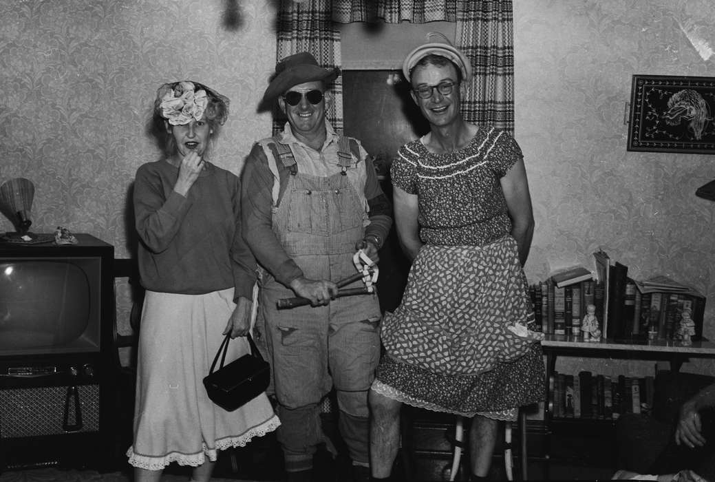 ia, costume, Photos, historic, Iowa, history, silly, dress, purse, Portraits - Group, Coon Rapids Enterprise, United States, overalls, IA, hat, television, Coon Rapids, slingshot, sunglasses, skirt, Leisure