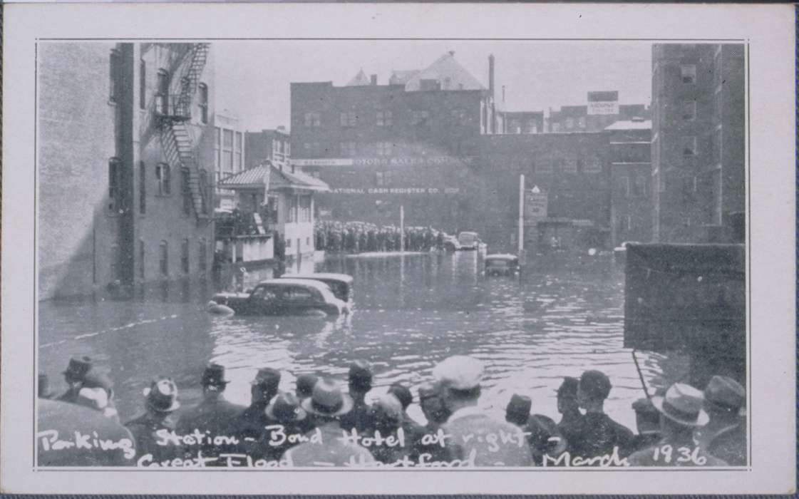 crowd, Floods, Hartford, CT, Iowa History, Archives & Special Collections, University of Connecticut Library, history of Iowa, Iowa