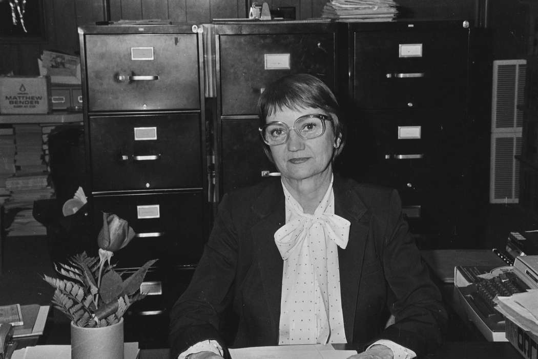 typewriter, Iowa, Coon Rapids, rose, office, history, ia, file cabinet, bow, woman, Businesses and Factories, glasses, United States, secretary, historic, Coon Rapids Enterprise, desk, Photos, IA, Labor and Occupations, Portraits - Individual