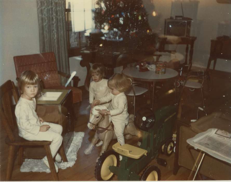 christmas tree, twins, john deere, Iowa, Homes, Children, Mitchell, LaVonne, Holidays, Iowa History, rocking horse, tractor, christmas, IA, history of Iowa