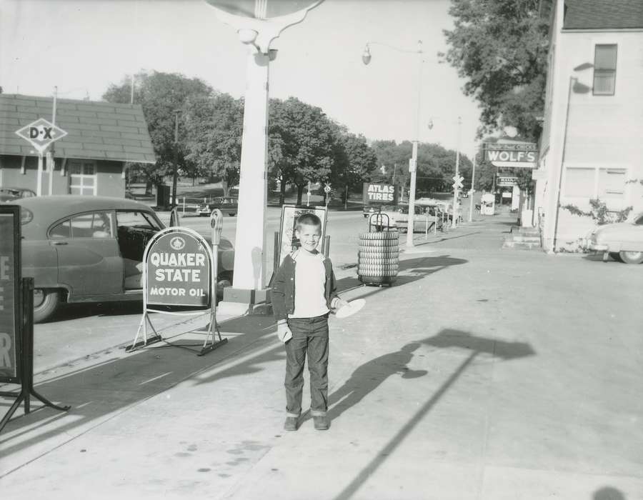 Waverly Public Library, Cities and Towns, young boy, Iowa History, history of Iowa, mainstreet, Leisure, Main Streets & Town Squares, gas station, Children, Portraits - Individual, Iowa