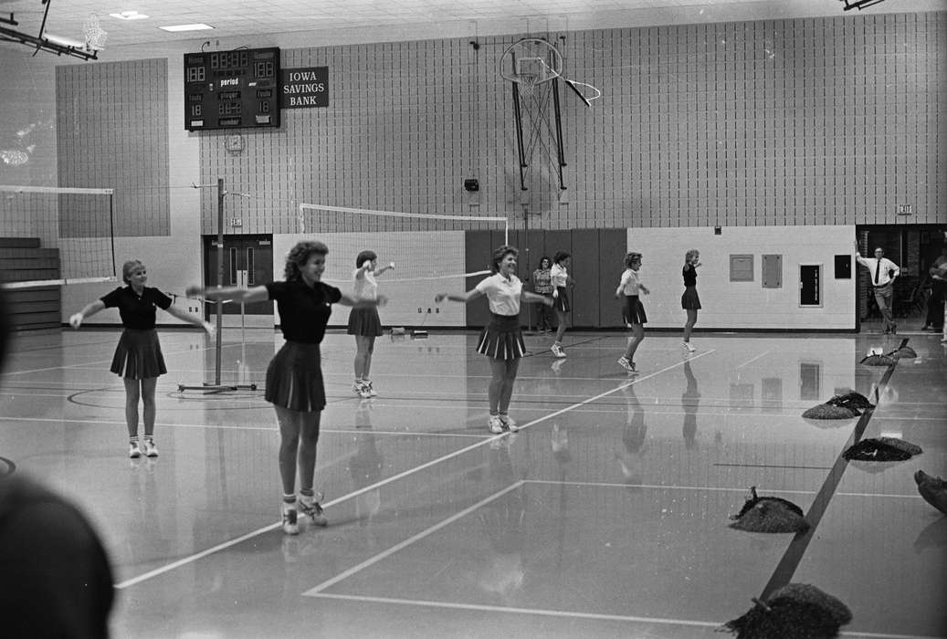 scoreboard, gymnasium, cheerleader, Entertainment, Coon Rapids, Coon Rapids Enterprise, Iowa, basketball hoop, Portraits - Group, historic, uniform, United States, Children, ia, history, Photos, IA