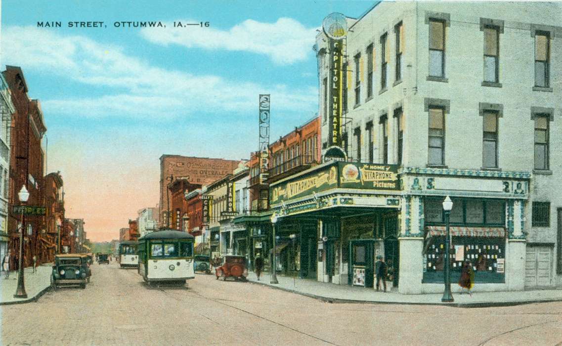 Businesses and Factories, street light, Iowa History, mainstreet, car, Iowa, Lemberger, LeAnn, Ottumwa, IA, street car, movie theater, theater, Main Streets & Town Squares, Cities and Towns, history of Iowa, Motorized Vehicles