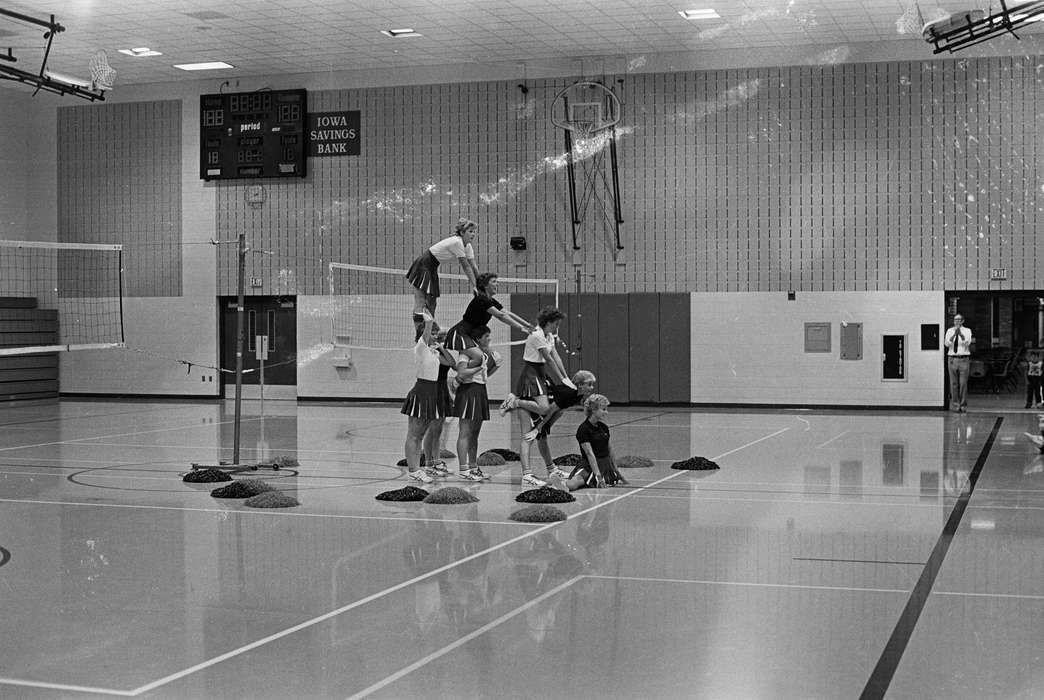 scoreboard, cheerleader, Coon Rapids Enterprise, Entertainment, Coon Rapids, Iowa, basketball hoop, Portraits - Group, historic, uniform, United States, Children, history, ia, girl, Photos, IA
