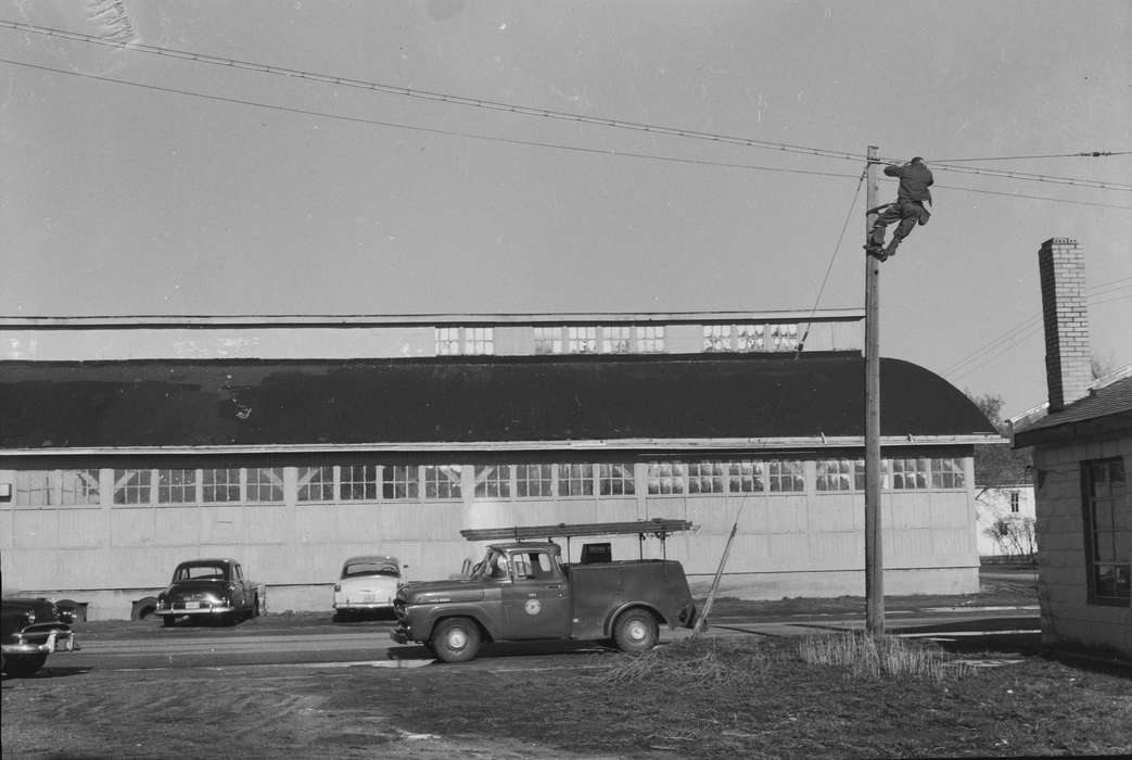 Businesses and Factories, Iowa, truck, IA, telephone pole, worker, United States, Photos, historic, Labor and Occupations, Motorized Vehicles, Coon Rapids, creamery, history, ia, Coon Rapids Enterprise, utility worker