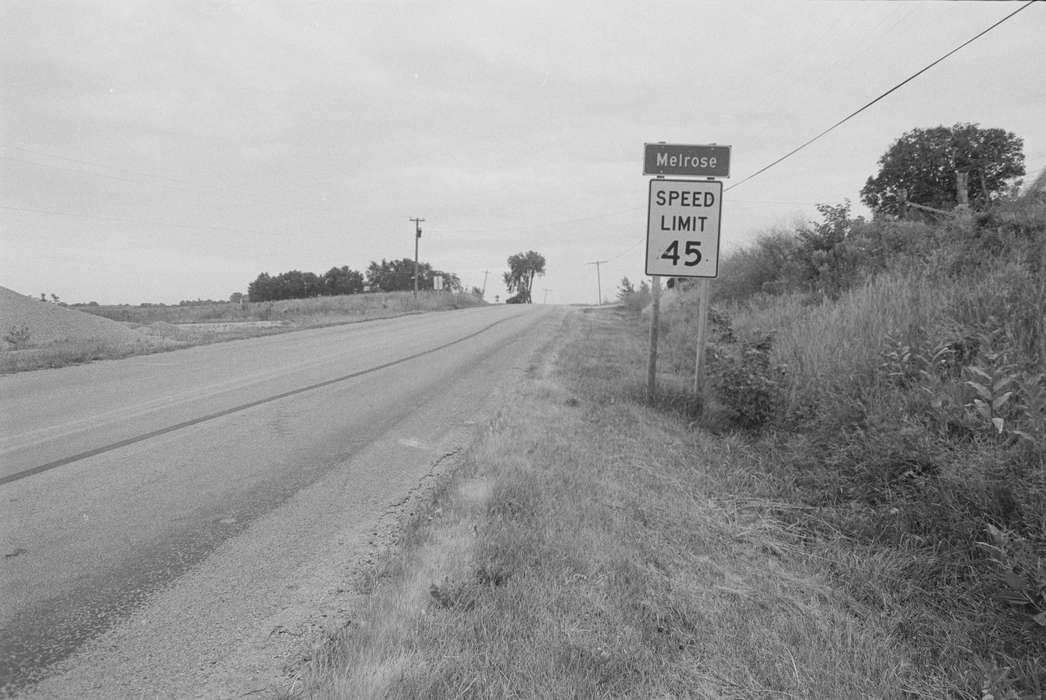 Lemberger, LeAnn, Landscapes, grass, road, Melrose, IA, sign, Iowa, Iowa History, telephone pole, ditch, history of Iowa