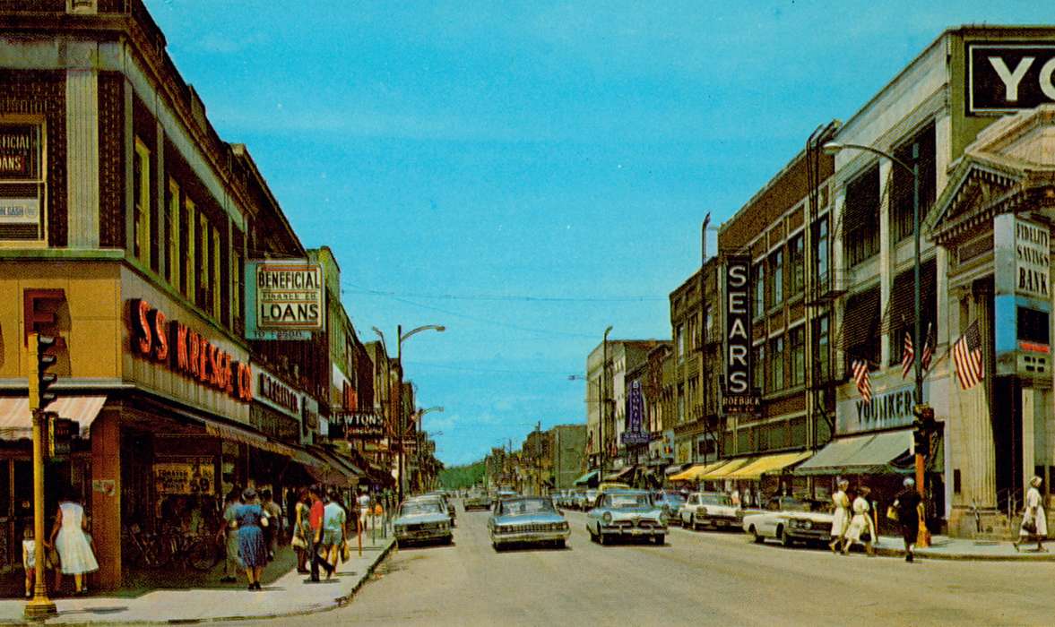 bank, Iowa, mainstreet, stoplight, department store, car, Main Streets & Town Squares, Motorized Vehicles, storefront, Iowa History, history of Iowa, Lemberger, LeAnn, Ottumwa, IA, Businesses and Factories, Cities and Towns, flag