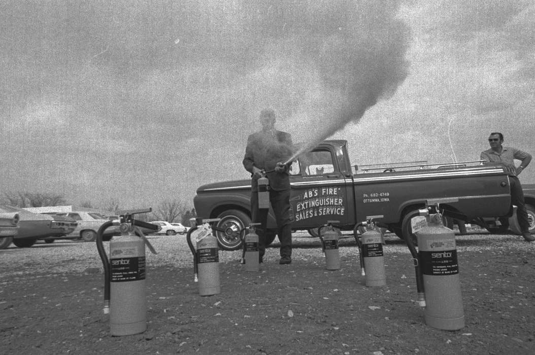 Lemberger, LeAnn, truck, Ottumwa, IA, history of Iowa, spray, parking lot, Iowa, Iowa History, fire extinguisher, Motorized Vehicles, Businesses and Factories