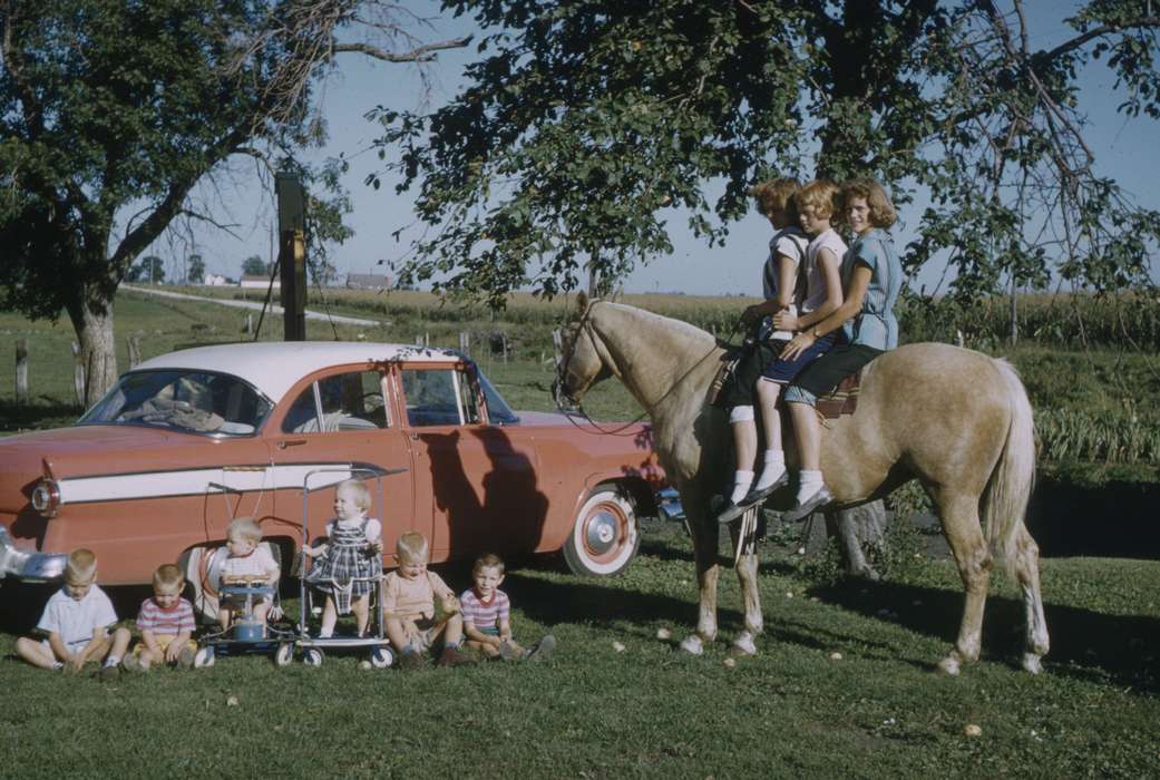 Children, Ellsworth, IA, Iowa History, car, horseback riding, Portraits - Group, Iowa, Satre, Margaret, saddle, horse, history of Iowa, Families, Animals, Motorized Vehicles