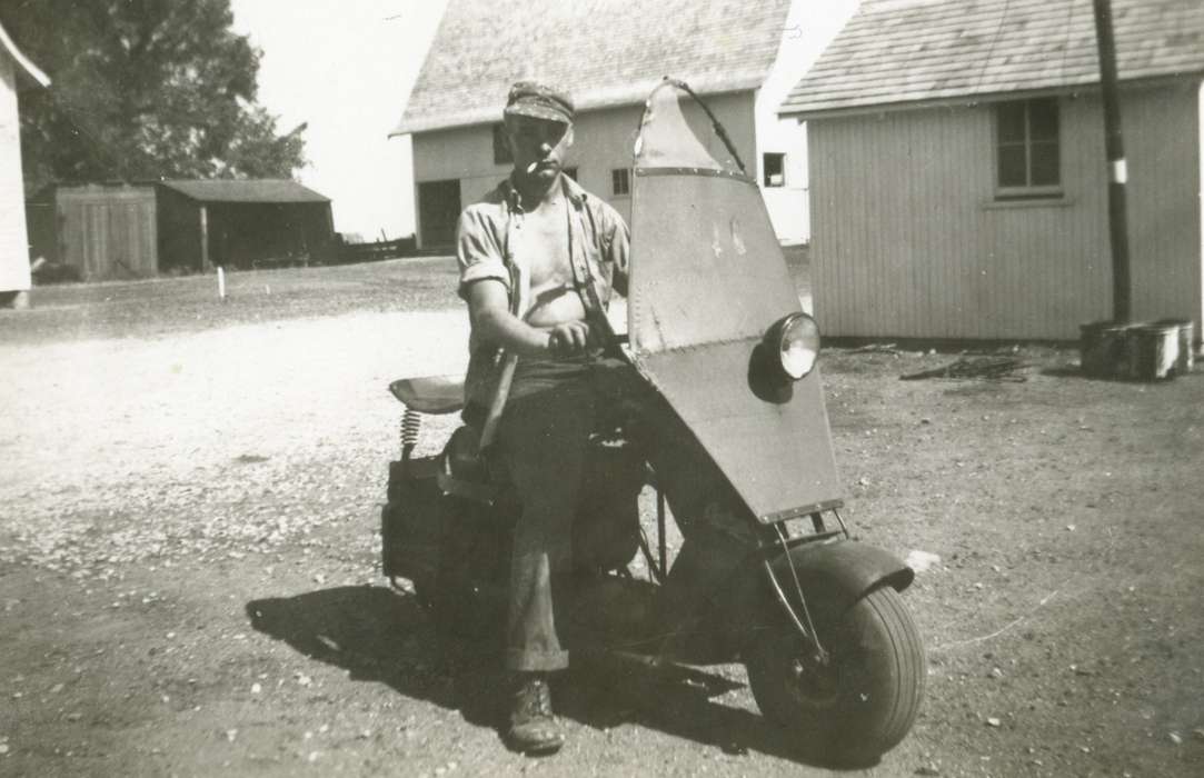 Iowa History, scooter, Portraits - Individual, Iowa, Cedar Falls, IA, Satre, Margaret, Farms, history of Iowa, cap, cigarette, Motorized Vehicles
