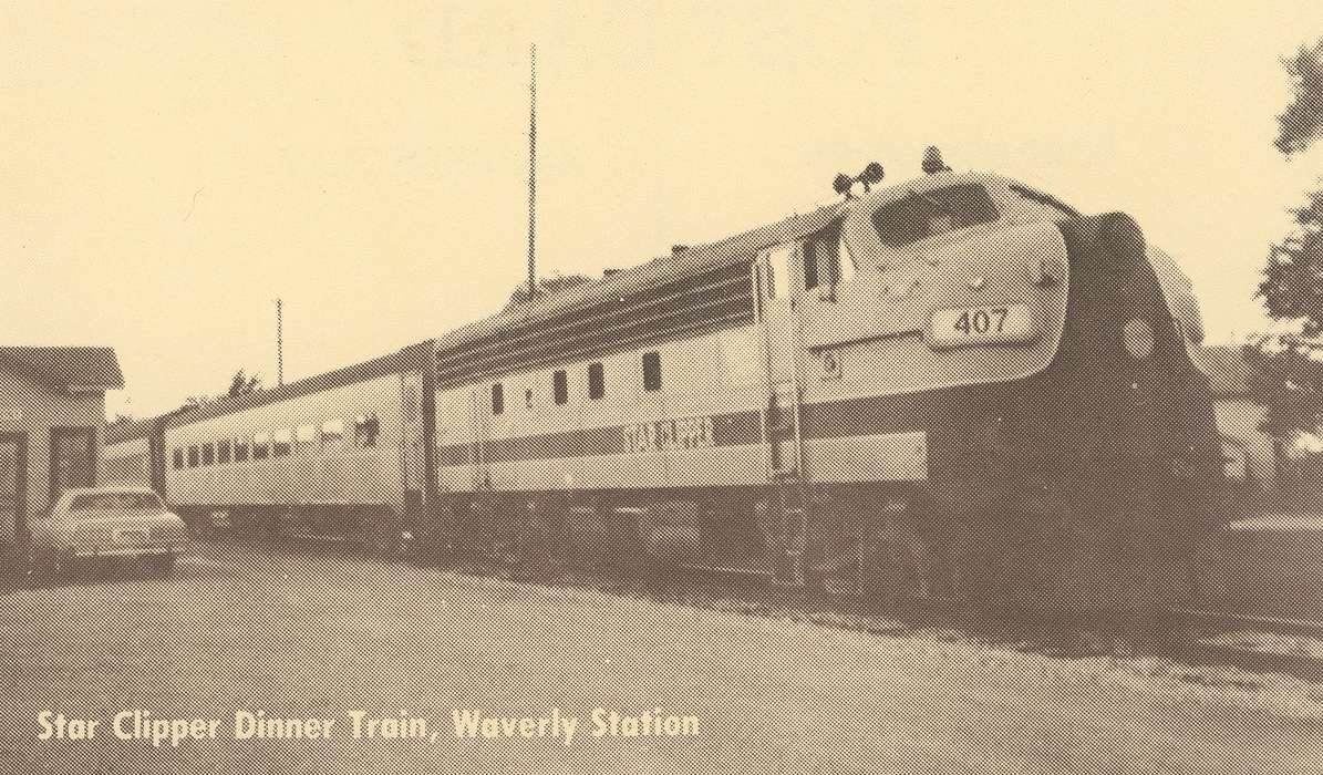 train, depot, Iowa, Iowa History, history of Iowa, Motorized Vehicles, Waverly Public Library, Waverly, IA, car, post card