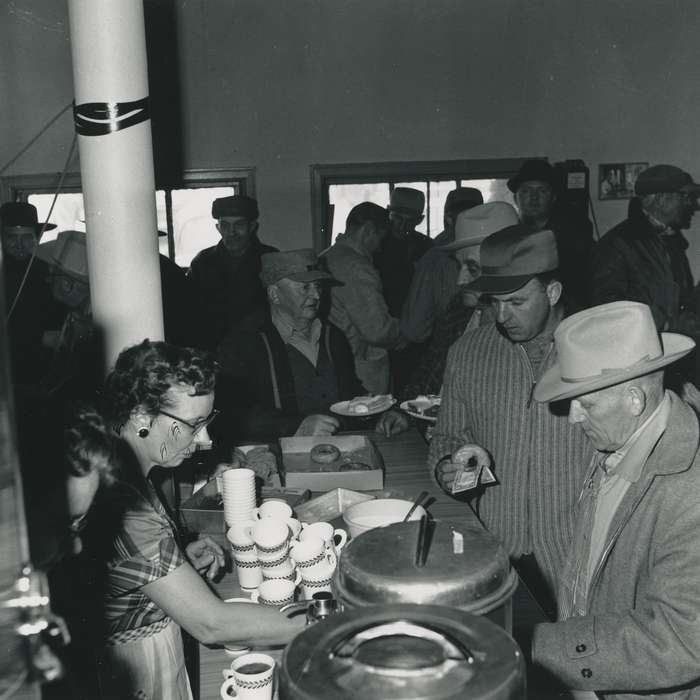 Waverly, IA, donut, Food and Meals, history of Iowa, Waverly Public Library, Iowa History, cowboy hat, correct date needed, cup, cookie, crowd, coffee, Iowa
