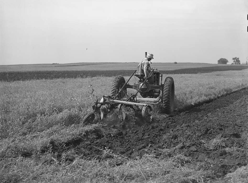 Farming Equipment, Library of Congress, fields, plow, history of Iowa, Farms, Iowa, Labor and Occupations, farmer, plowing, Iowa History, Portraits - Individual, tractor, Motorized Vehicles