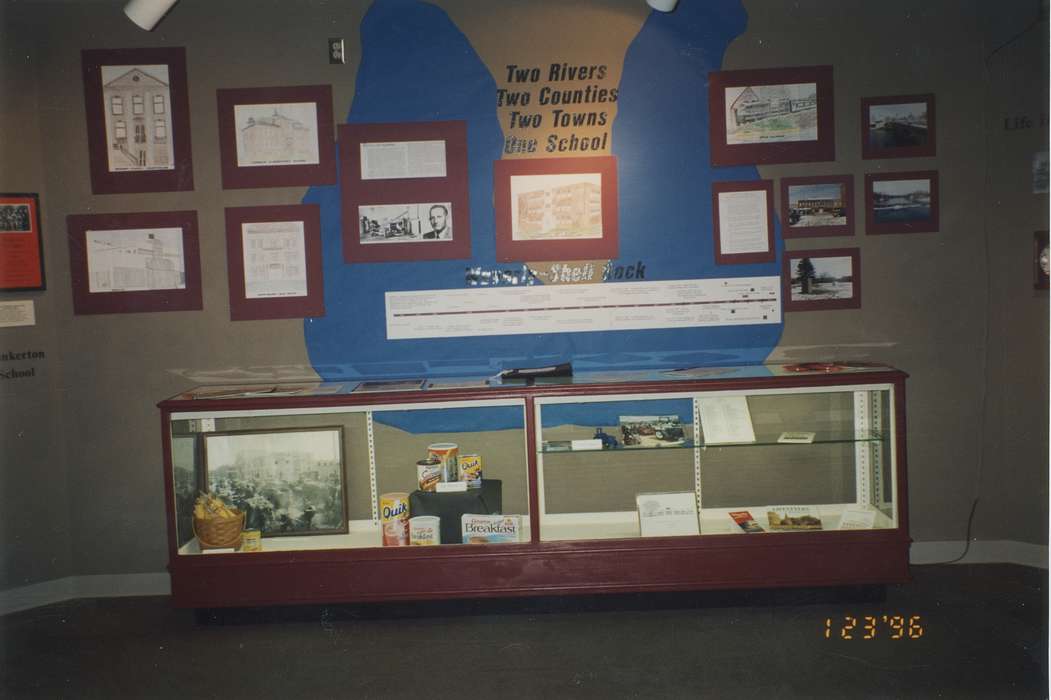 Schools and Education, food, school, Iowa History, display case, Waverly, IA, Waverly Public Library, Iowa, Floods, posters, history of Iowa