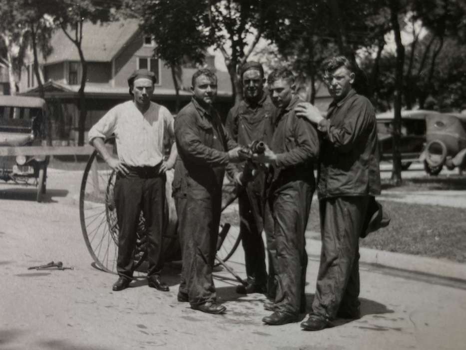 uniforms, hose, Cities and Towns, Iowa, Iowa History, Witt, Bill, history of Iowa, Portraits - Group, can't confirm date and or location, correct date needed, Labor and Occupations, wagon wheel, IA