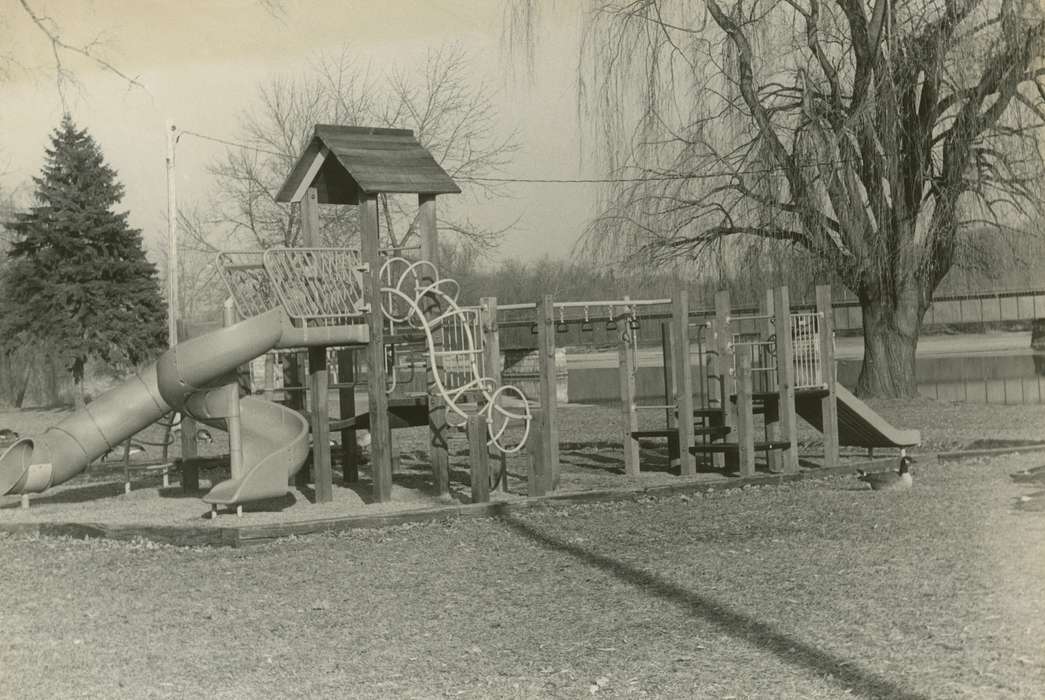 playground equipment, Waverly Public Library, playground, history of Iowa, Cities and Towns, Iowa, Iowa History, willow tree, correct date needed, cedar river, Lakes, Rivers, and Streams