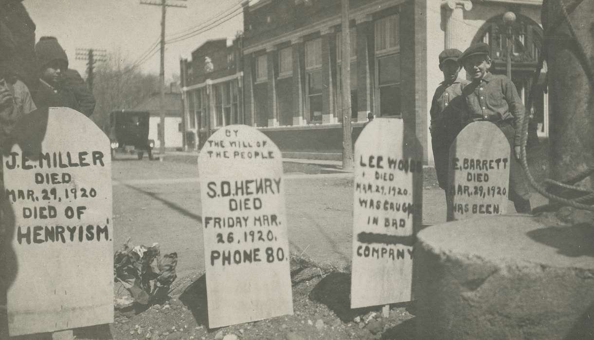 Civic Engagement, Motorized Vehicles, sign, correct date needed, hat, Businesses and Factories, Cities and Towns, Coon Rapids Enterprise, Children, dirt road, Portraits - Group, Main Streets & Town Squares, car