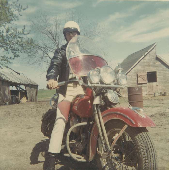 motorcycle, Malcolm, Cindy, Iowa History, Barns, Hansell, IA, Iowa, history of Iowa, Portraits - Individual, Motorized Vehicles
