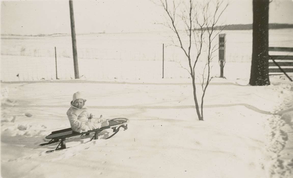 sled, Portraits - Individual, snow, history of Iowa, Iowa History, Hampton, IA, Beach, Rosemary, Outdoor Recreation, Iowa, baby