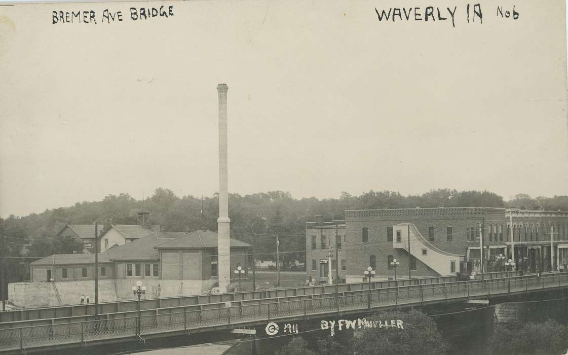 buildings, bridge, smokestack, street, Meyer, Mary, Iowa History, lamppost, Iowa, light, Cities and Towns, history of Iowa, building, smoke stack, treeline, Main Streets & Town Squares