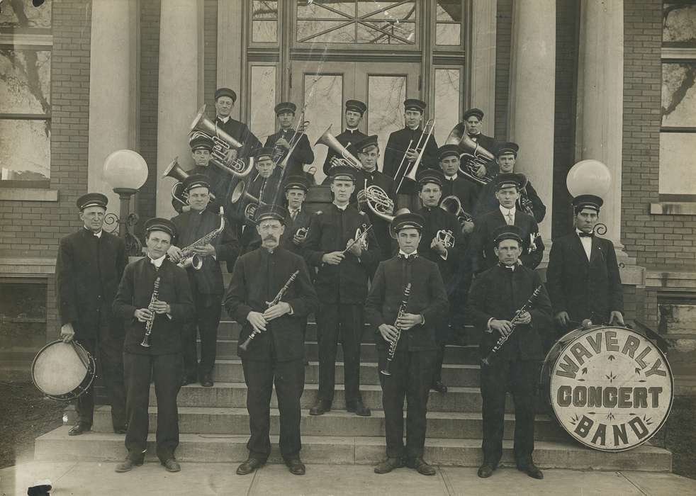 Entertainment, saxophone, band uniform, Waverly Public Library, tuba, Iowa History, Portraits - Group, Waverly, IA, band, clarinet, trumpet, trombone, Iowa, history of Iowa