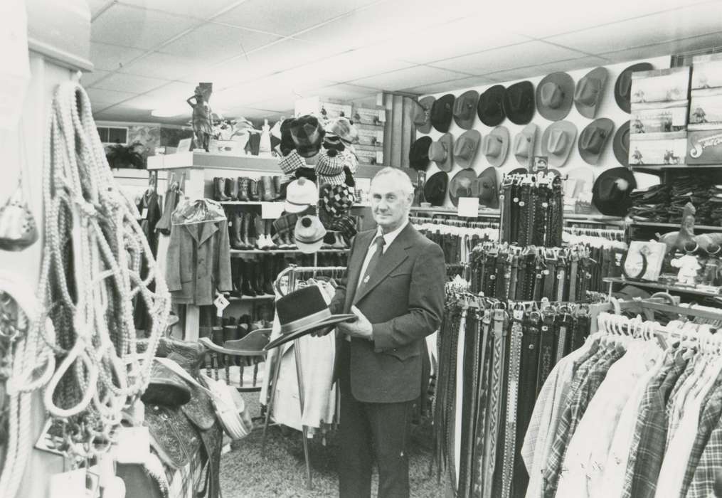 clothing, store, main street, Businesses and Factories, belt, hats, Waverly Public Library, man, Iowa History, Iowa, clothing store, building interior, history of Iowa, Main Streets & Town Squares