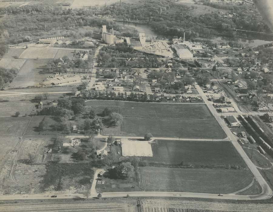 Waverly Public Library, field, tree, Iowa, Iowa History, Aerial Shots, building, Waverly, IA, history of Iowa, road, river, tree line, house