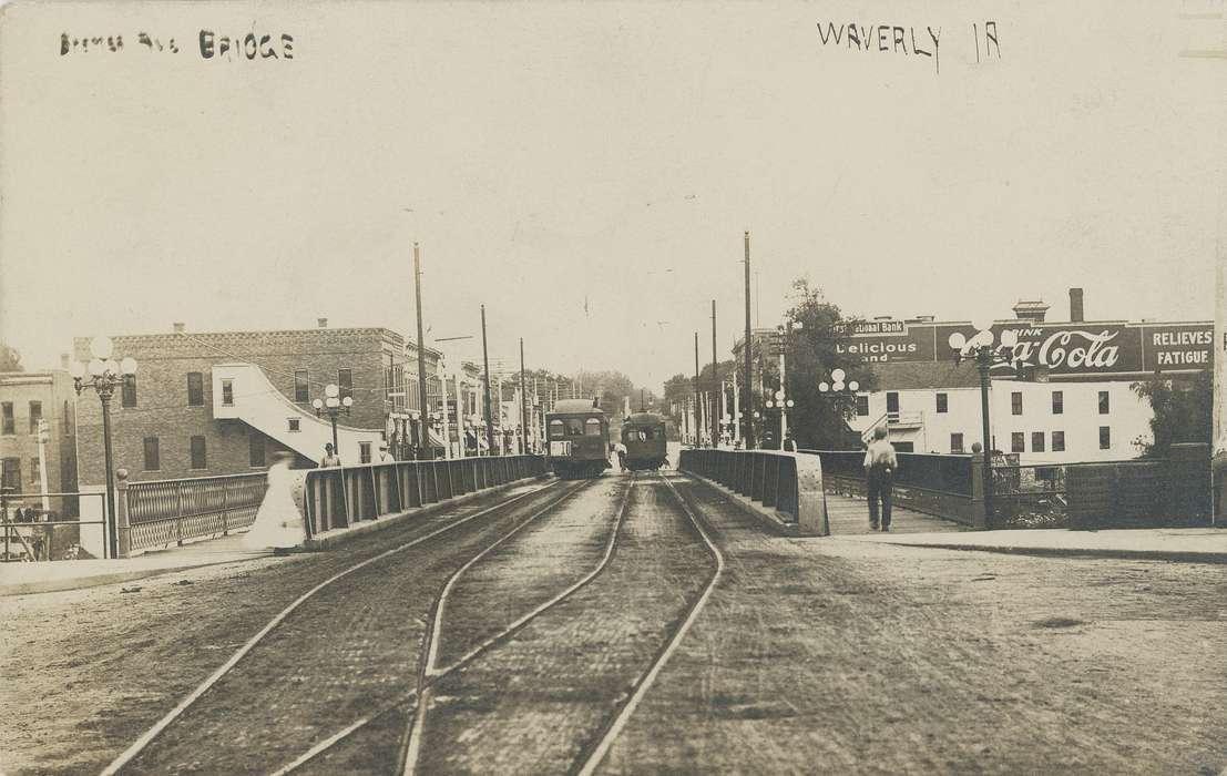 light, trolley, tracks, Iowa History, building, track, Iowa, history of Iowa, Meyer, Mary, streetcar, buildings, street, cocacola, power lines, lamppost