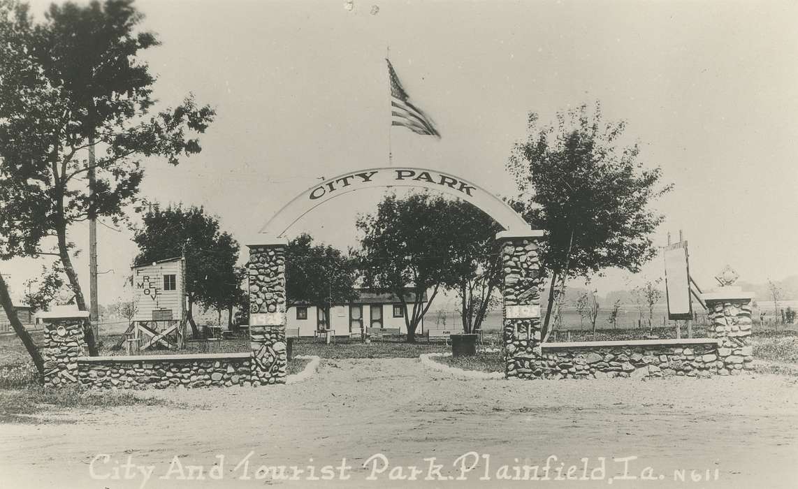 Landscapes, american flag, Plainfield, IA, city park, correct date needed, Waverly Public Library, entrance, Iowa History, Iowa, history of Iowa