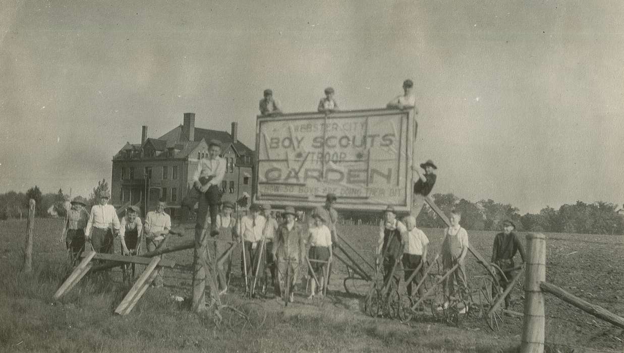 boy scouts, history of Iowa, McMurray, Doug, Webster City, IA, sign, Children, Farms, plow, Portraits - Group, Farming Equipment, Iowa, Iowa History