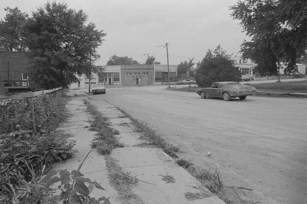 dirt road, Cities and Towns, Lemberger, LeAnn, Iowa History, Iowa, history of Iowa, Businesses and Factories, Motorized Vehicles, Main Streets & Town Squares, sidewalk, store, storefront, Melrose, IA, car, telephone pole, fence
