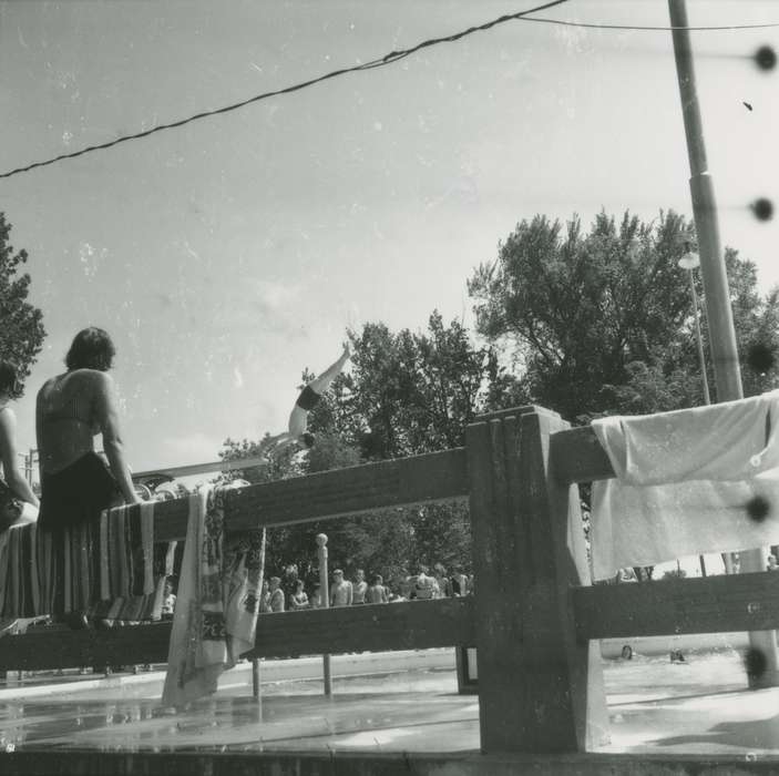 young woman, Iowa, Iowa History, swimming pool, wooden fence, Outdoor Recreation, pool, Waverly Public Library, towel, history of Iowa
