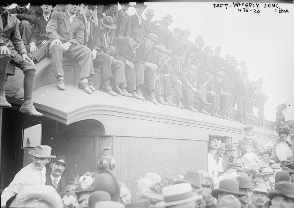 Families, train car, crowd, Iowa, Children, dress up, history of Iowa, Civic Engagement, Main Streets & Town Squares, Train Stations, Iowa History, Library of Congress, Cities and Towns